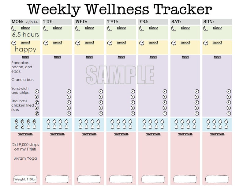 May include: A weekly wellness tracker with a light purple background. The tracker is divided into seven days of the week, with sections for sleep, mood, food, workout, and weight. The tracker includes a sample meal plan, a water intake tracker, and a space for recording steps and exercise.