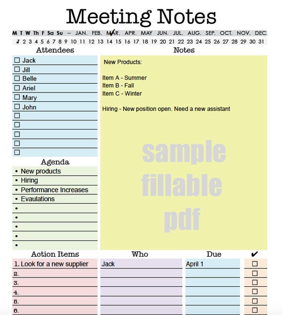Meeting Notes Printable Pdf, Work Organizer, Office Organizer, Meeting  Agenda, Fillable Pfd, Digital Planner, Meeting Notes Planner 
