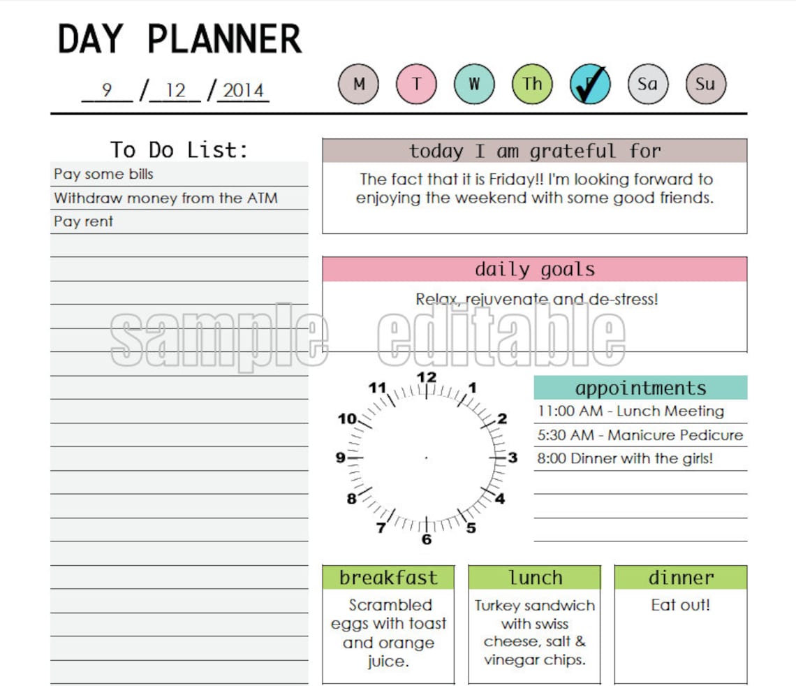 Day Planner Printable Fillable PDF Daily Planner Weekly - Etsy