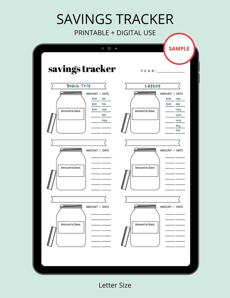 Savings Tracker Mason Jar Printable PDF, Savings Log, Monthly Savings Tracker, Money Jar Printable, Savings for Kids, Kids Savings Log image 2