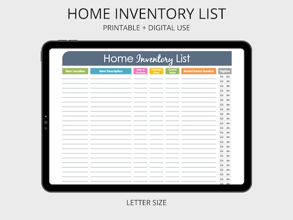 Home Inventory Organizing Printable - Fillable, Household Inventory Template, Household Binder, Household Management, Instant Download