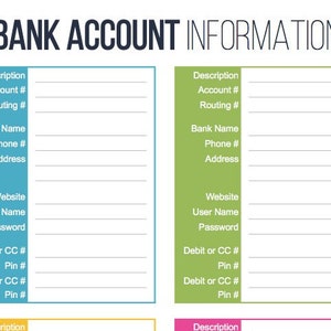 Bank Account Information Printable Fillable Personal Finance Organizing ...