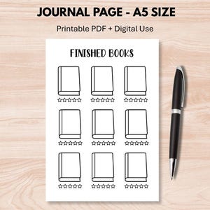 Könnte beinhalten: Eine weiße A5-Journalseite mit dem Text "JOURNAL PAGE - A5 SIZE" und "FINISHED BOOKS". Die Seite zeigt neun Buchillustrationen mit Sternebewertungen. Ein schwarzer Stift liegt rechts. Für druckbares PDF und digitale Nutzung.