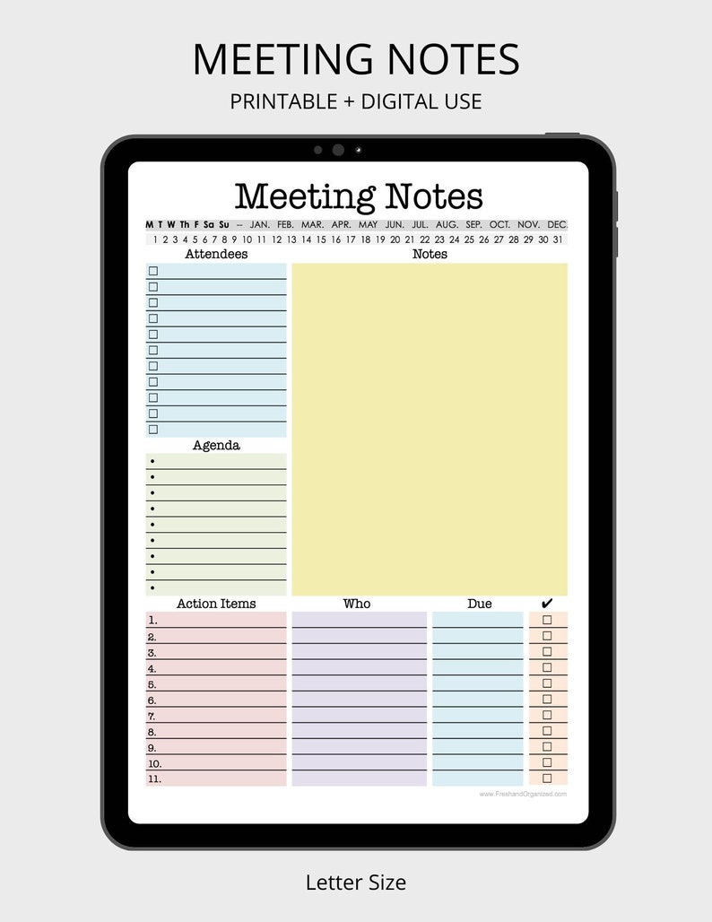 Meeting Notes printable pdf, work organizer, office organizer, meeting agenda, fillable pfd, digital planner, meeting notes planner image 1