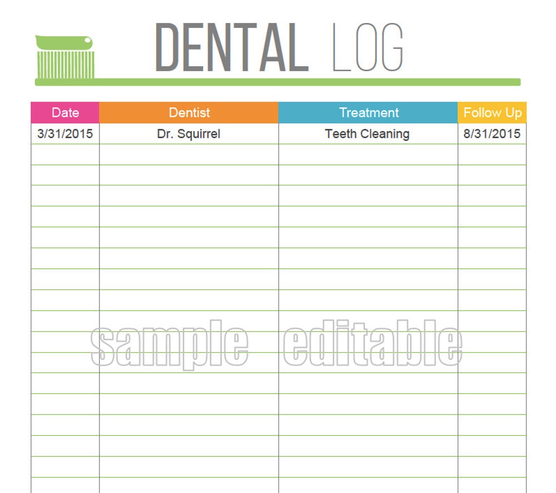 Dental Care Log Health and Medical Printable Organized Healthcare