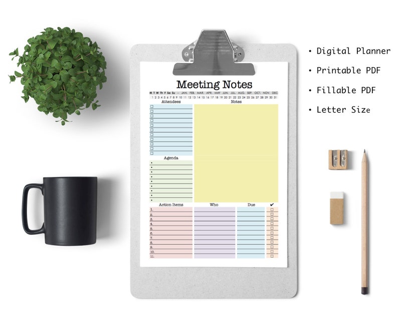 Meeting Notes printable pdf, work organizer, office organizer, meeting agenda, fillable pfd, digital planner, meeting notes planner image 2