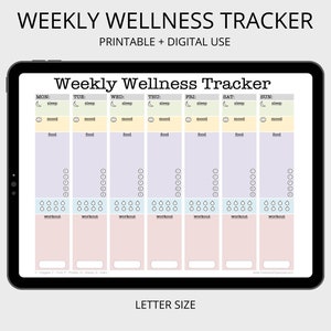 May include: A printable and digital weekly wellness tracker with sections for sleep, mood, food, water, and workouts. The tracker is designed for a week, with columns for each day of the week: Monday, Tuesday, Wednesday, Thursday, Friday, Saturday, and Sunday.
