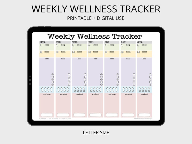 May include: A printable and digital weekly wellness tracker with sections for sleep, mood, food, water, and workouts. The tracker is designed for a week, with columns for each day of the week: Monday, Tuesday, Wednesday, Thursday, Friday, Saturday, and Sunday.