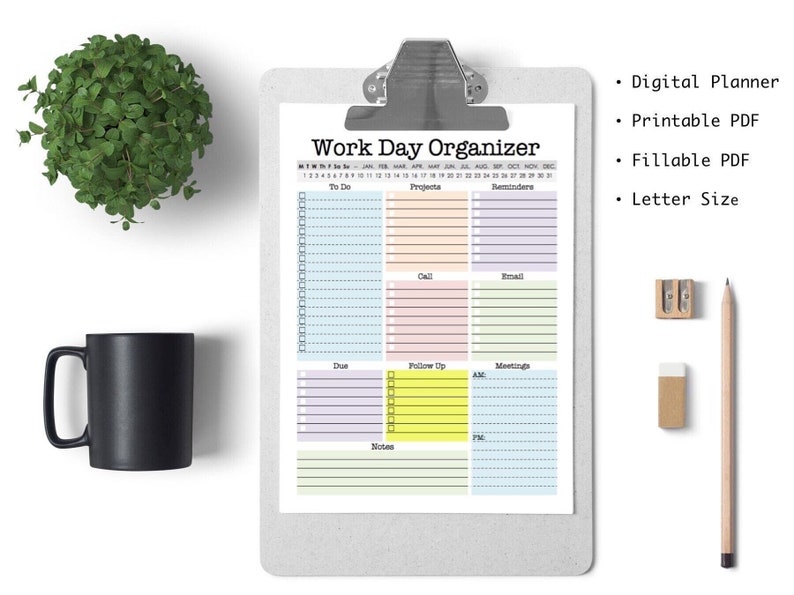 Work Day Organizer planner page, work planner, printable planner, digital planner, to do list, planner, daily, weekly, fillable pdf image 2