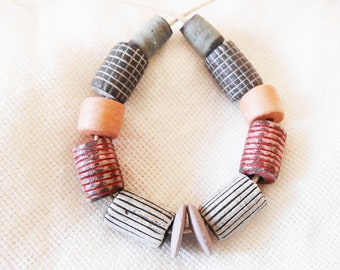 African  Pinstripes Cylinder Beads; Handmade Artisan Ceramic Beads; Handmade in South Africa