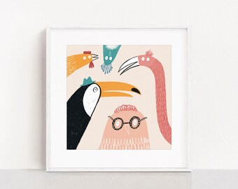 Bird Illustration Giclée Print | Square print| Toucan Illustration Poster | Flamingo Illustration fine art print | Birds Wall Art Decor