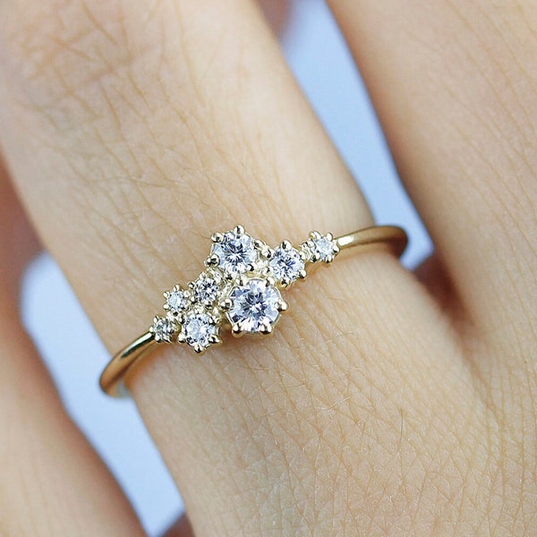 cluster engagement ring white diamonds, unique engagement ring, Yellow/rose/white gold delicate engagement ring, minimalist engagement ring