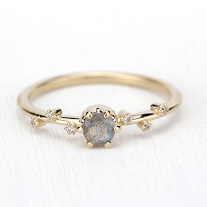 Labradorite Engagement Ring: 18k Gold Diamond Cluster, Modern Minimalist Ring
