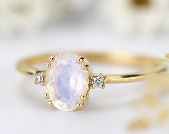 Moonstone engagement ring, Oval rainbow moonstone solitaire, oval engagement ring |R175MOON