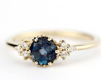 London Blue Topaz Engagement Ring: 18k Gold Diamond Cluster Ring