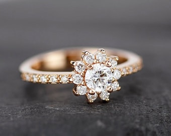 round engagement ing with halo and side stones | rose gold engagement ring round