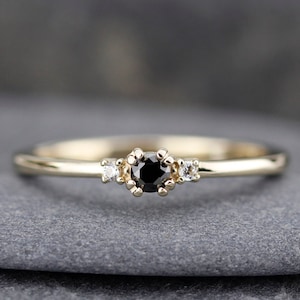 Dainty 18k Gold Black Diamond Engagement Ring: Minimalist Delicate Design