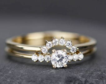 Ensemble d'alliances en or 18 carats, ensemble d'alliances pour femmes, ensemble de bagues de mariage uniques, ensemble de mariée, ensemble de mariage minimaliste, bagues de fiançailles uniques