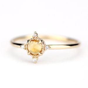 Delicate 18k Gold Citrine Engagement Ring: Diamond Cluster Ring