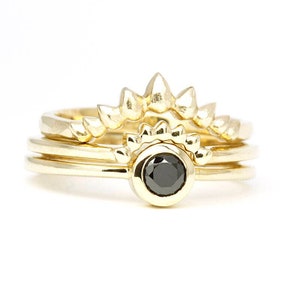 18K Gold Black Diamond Ring Set: Crown Stacking Rings