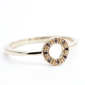 18k Gold Open Circle Ring with Black Diamonds: Minimalist Geometric Ring