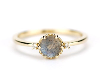 Labradorite Engagement Ring: 18k Yellow Gold Three Stone Diamond Ring