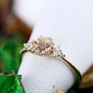 18k Gold Morganite Engagement Ring: Cluster Diamond Ring