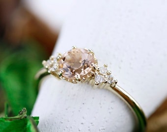 18k Gold Morganite Engagement Ring: Cluster Diamond Ring