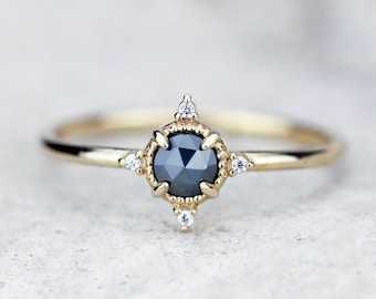 18k Yellow Gold Blue Diamond Engagement Ring: Minimalist Proposal Ring
