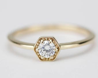 Simple Diamond Ring hexagon, Round Diamond Solitaire Ring yellow gold, Rose Gold Round Cut Diamond Ring, 18k Gold