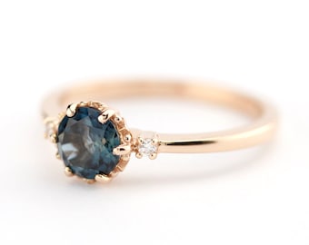 engagement ring, three stones ring, rose gold ring, delicate engagement ring,  minimalist ring, London blue topaz ring, diamond ring