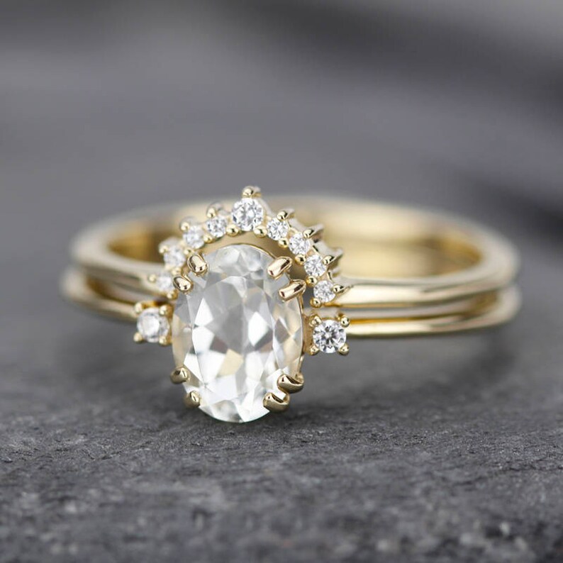 engagement ring, cluster ring, minimal ring, white diamonds, wedding ring diamonds, white topaz ring, oval engagement ring, delicate ring image 1