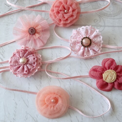 set 6 headbands, baby headbands, newborn headbands, baptism headband, flower headbands, vintage headbands, dainty headbands, pink headbands