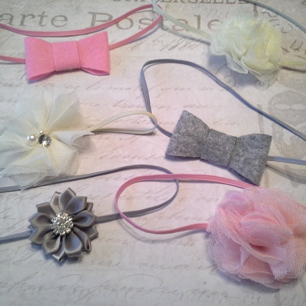 set 6 headbands, baby headbands, newborn headbands, baptism headband, flower headbands, vintage headbands, dainty headbands, pink headbands