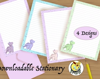 May include: Four printable stationery designs featuring cute dragons in different colors. Each design has a light blue, pink, or green background with a white border and a white lined area for writing. The text "4 Designs" is written in black on a pink oval.