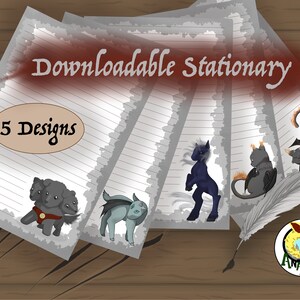 May include: Five printable stationery designs featuring different mythical creatures. The designs include a three-headed dog, a winged cat, a unicorn, a cat with wings and a tail on fire, and a dragon with a tail on fire. The text "Downloadable Stationary" and "5 Designs" is visible on the image.