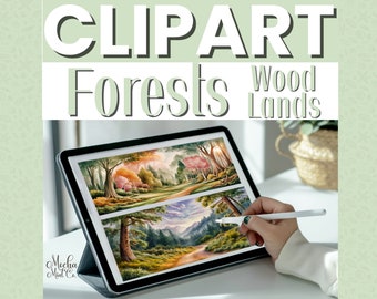 Forest Background Clipart, PNG, 50 Watercolor Woodland Background Clip Art, Trees, Forest Scene, Hiking Trail, Cottagecore Commercial Use