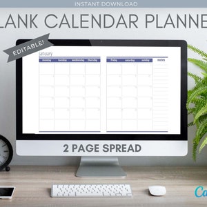 EDITABLE Monthly Calendar Daily PLANNER Printable 2 Page Spread Undated Canva Template Organizer Business Lesson Teacher Yearly Blank