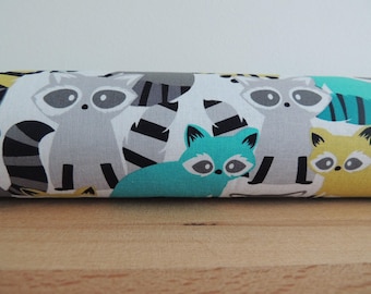 Racoon print draft stopper. Door or window snake. Draught excluder. House and home accessory.eco friendly energy saver
