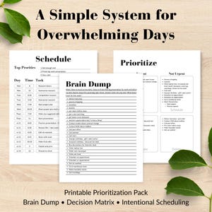 May include: A printable organization pack featuring three white sheets with black text. The pages are titled A Simple System for Overwhelming Days, Schedule, Prioritize, and Brain Dump, containing lists, tables, and task management sections.