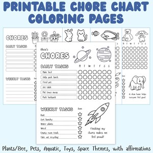 May include: A set of printable chore chart coloring pages featuring black and white line art. The central sheet is titled Olivia's CHORES and includes sections for daily and weekly tasks, space-themed illustrations, and the text finishing my chores makes me feel proud.