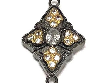 Connector Double Sided Oxidized Diamond Shape in Sterling Silver, Gold Plate & CZ's