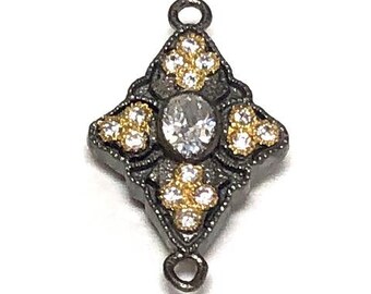 Connector Double Sided Oxidized Diamond Shape in Sterling Silver, Gold Plate & CZ