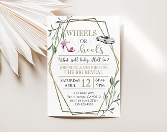 Personalized Baby Gender Reveal Party Shower Invitation- Wheels or Heels - Baby blue, Pink, gold - shoes, motorcycle, dirt bike, sports car