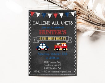 Personalized Police and Fire Truck Birthday Party Invitation- Policeman Fireman Digital File Download- Baby Shower Inivte