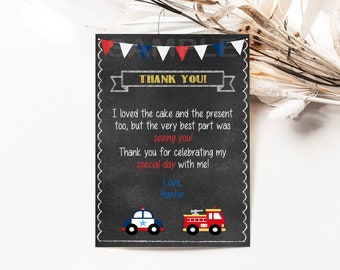 Personalized Police and Fire Truck Birthday Party Thank You Card- Policeman Fireman Digital File Download- Baby Shower, Bridal