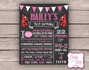 Personalized First Year Sesame Street Elmo Birthday Party Poster- Pink 1st birthday Elmo Cookie Monster chalkboard Digital File Download