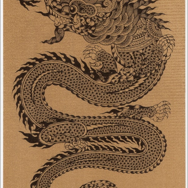 Thai traditional art of Thai Dragon (Naga) by printing on sepia paper,tattoo dragon,back dragon tattoo,dragon drawing,dragons art,dragon.