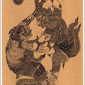 Thai traditional art of Hanuman Vs. Giant by printing on sepia paper