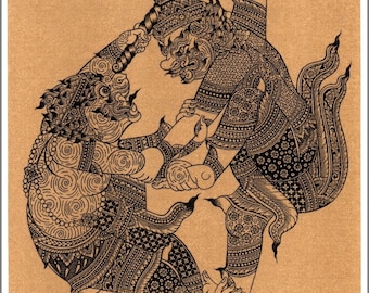 Thai traditional art of Hanuman Vs. Giant by printing on sepia paper